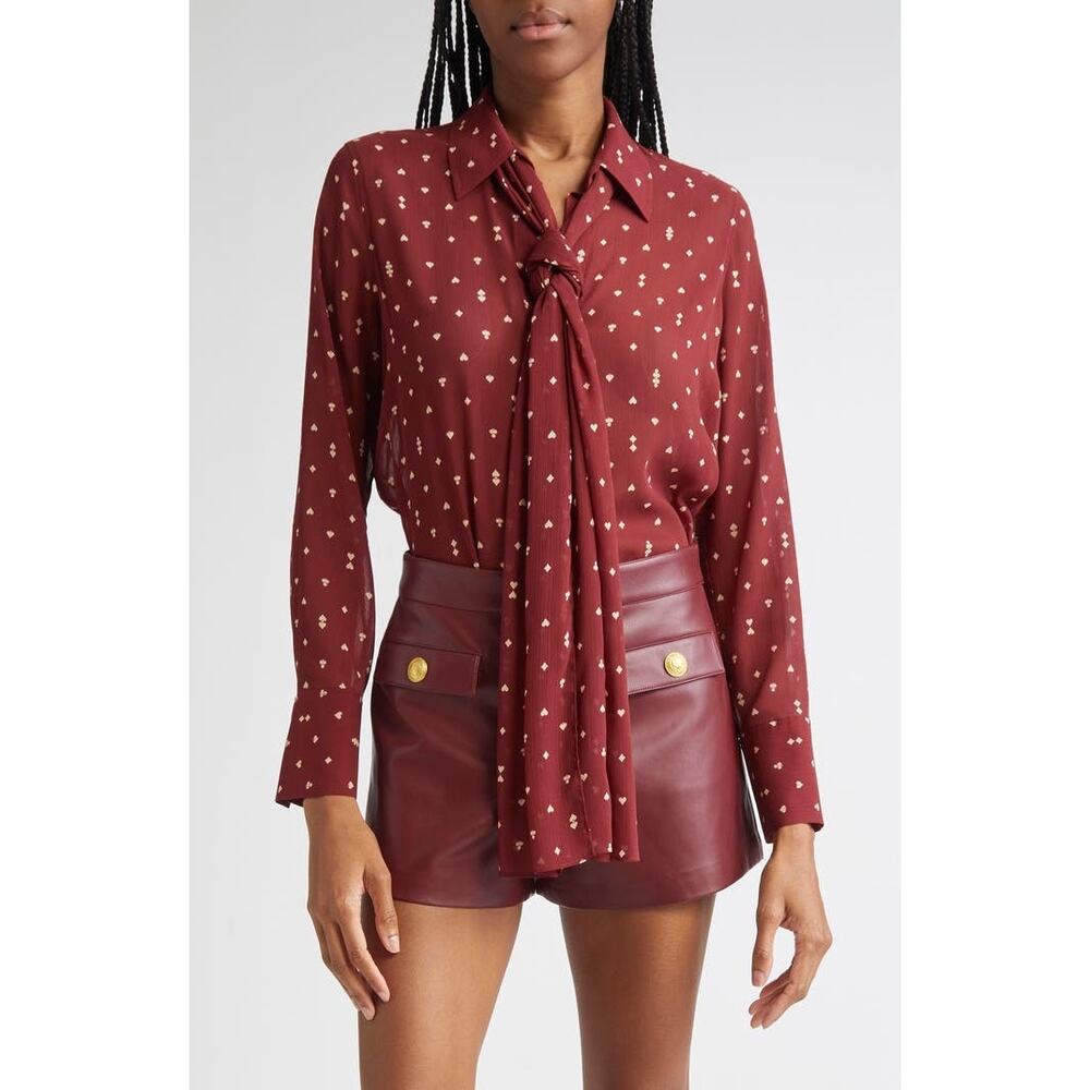 L'AGENCE Basil Tie Neck Shirt Blouse Small Maroon Burgundy Red workwear